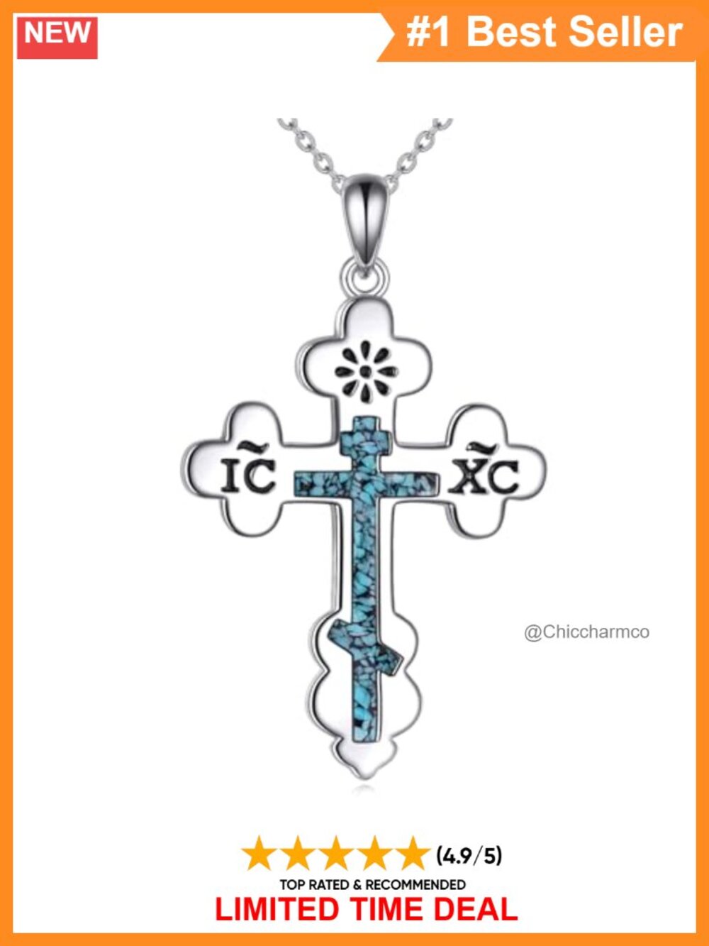 Sterling Silver Orthodox Cross Necklace Turquoise Rhodium Plated Christian